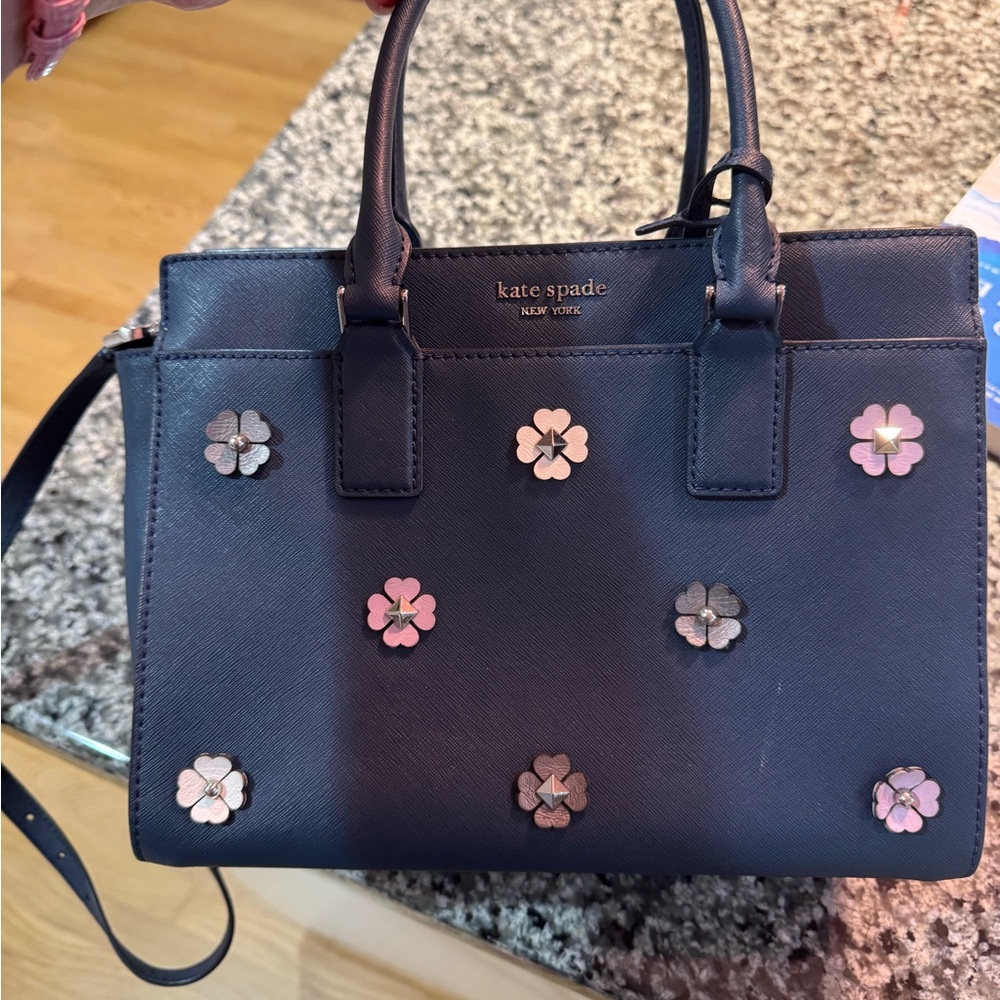 kate spade navy floral-embellished satchel
